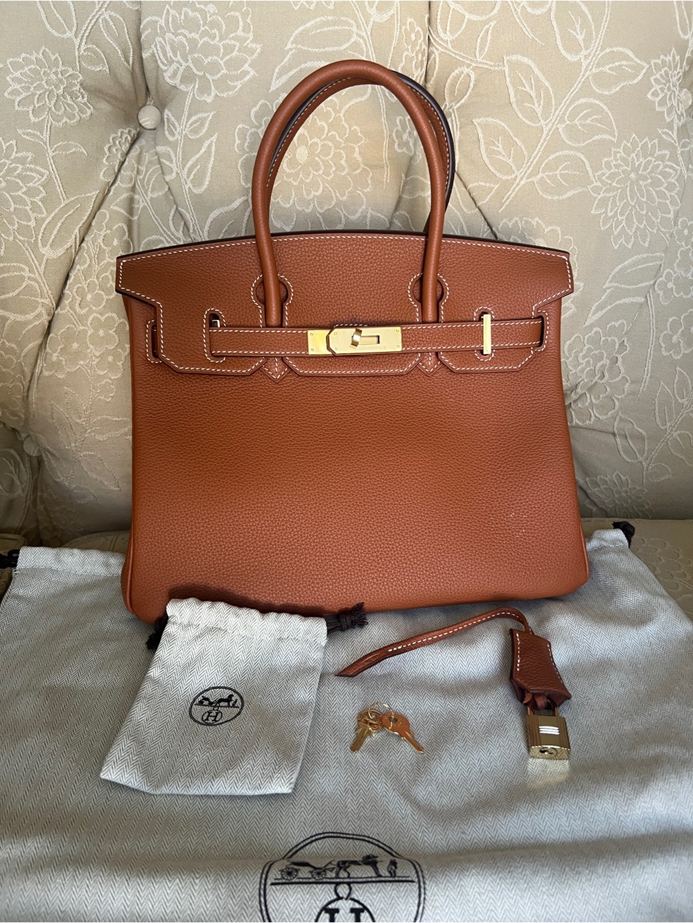 Hermès-Style Cognac Leather Top-Handle Tote Bag - Picture 2 of 9